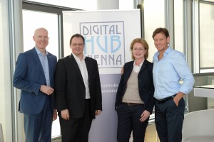 Digital Hub Vienna, 11.5.2017: Alexander Böckelmann (UNIQA), Michael Siegmund (Gründer Digital Hub Vienna/ Ancoreage), Birgit Kraft-Kinz (Gründerin Digital Hub Vienna/ KRAFTKINZ GmbH), Thomas Polak (UNIQA)